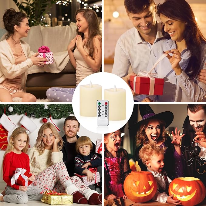 3"x4" Flickering Flameless Battery Candles with Timer, Ivory Realistic LED Pillar Candles, Set of 2 Large Remote-Operated Candles for Home Indoor/Outdoor & Holiday Decor