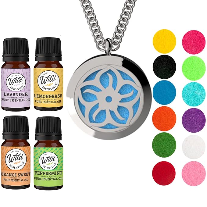 Wild Essentials Lotus Flower Necklace Essential Oil Diffuser Kit With Lavender, Lemongrass, Peppermint, Orange Oils, 12 Refill Pads, Calming Aromatherapy Gift Set, Customizable Color Changing, Perfume