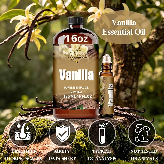 Vanilla Essential Oil, Vanilla Oil 16 Fl Oz 480ml for Diffuser Yoga Soap & Candle Making – with 0.33 Oz Roller Ball & Funnel YHSESSE Essential Oils