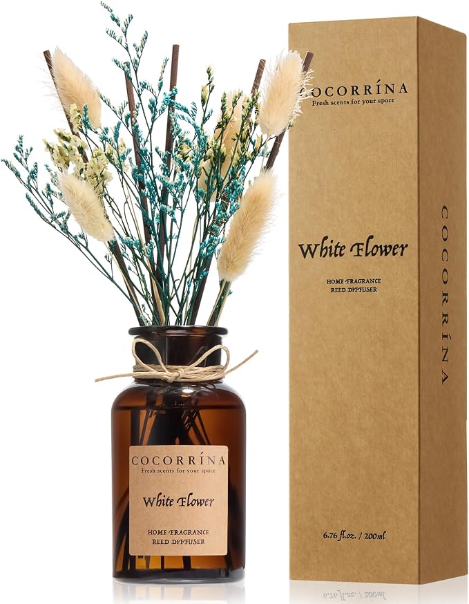 Cocorrína Reed Diffuser Set, 6.7oz Flower Reed Diffuser with Real Preserved Flowers - White Flower Scented Oil & Sticks - Long Lasting Home Fragrance for Bedroom Bathroom Shelf Decor