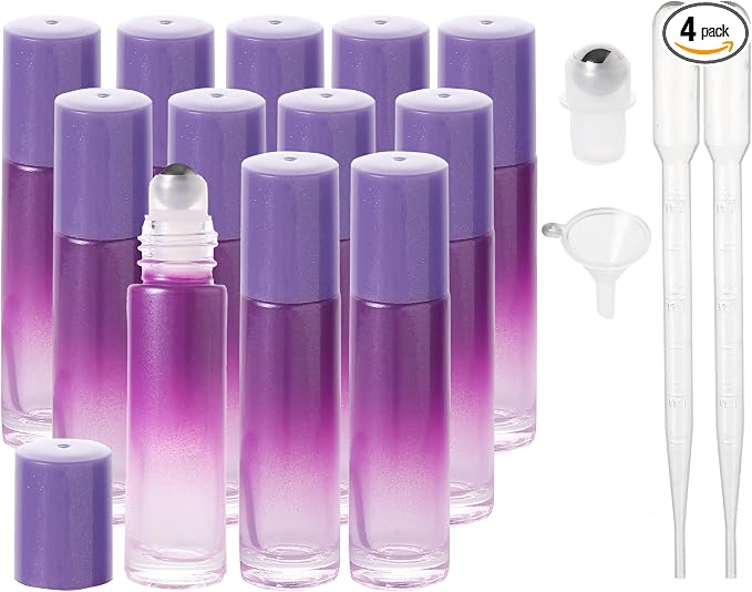 SESENSE Essential Oil Roller Bottles, 10ml Thick Glass Perfume Roller Bottles with Funnel Opener and Dropper Colored Glass Empty Bottles with Stainless Steel Roller Balls (Purple, 12 Pack)