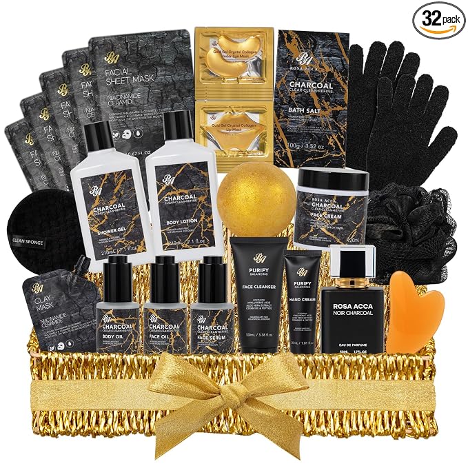 Gifts for Women & Men, Gift Basket for Women & Men, 32 Charcoal Bath & Body Gifts Basket Set, Hydrating Face Skin Care Gift Set, Self-Care Relaxation Gift Kit, Birthday, Christmas, Anniversary, Dad
