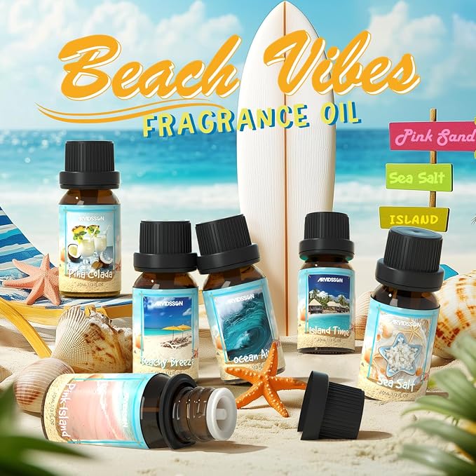 ARVIDSSON Beach Fragrance Oils Set, Summer Essential Oils for Diffuser - Beachy Breeze, Ocean Air, Pina Colada, Pink Sand, Sea Salt, Island Time, Tropical Scented Oil for Home, Candle Making