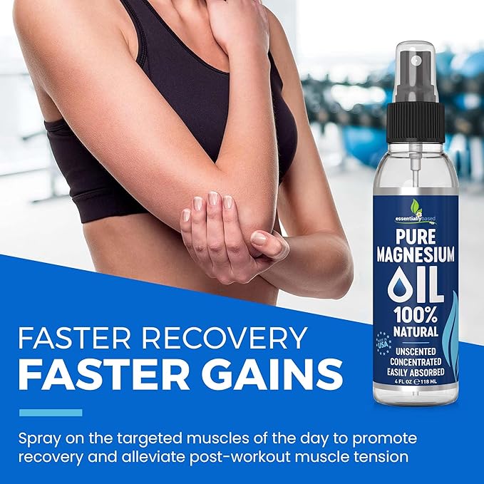 Pure Magnesium Oil Spray 4oz - Topical Magnesium Spray for Sleep & Feet - Extra Strength - USP Grade - 100% Natural and Organic Oil for Muscle Pain & Cramps - Less Sting - Less Itch - Made in USA