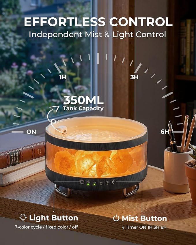 Essential Oil Diffuser with Himalayan Salt Lamp, 350ml Ultrasonic Aromatherapy Humidifier, 7 Colors LED Light, Timer & Auto Shut-Off for Home Bedroom Office Spa Yoga