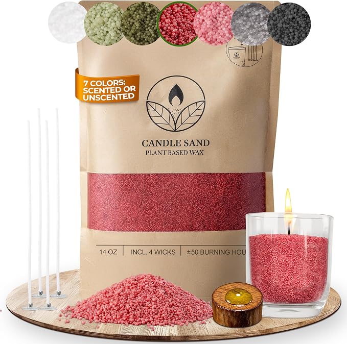 comforder Scented Candle Sand with Wicks, Pearled Candle, Wax Granules, 14oz Sand Wax Granules + 4 Wicks (Red, Amber)