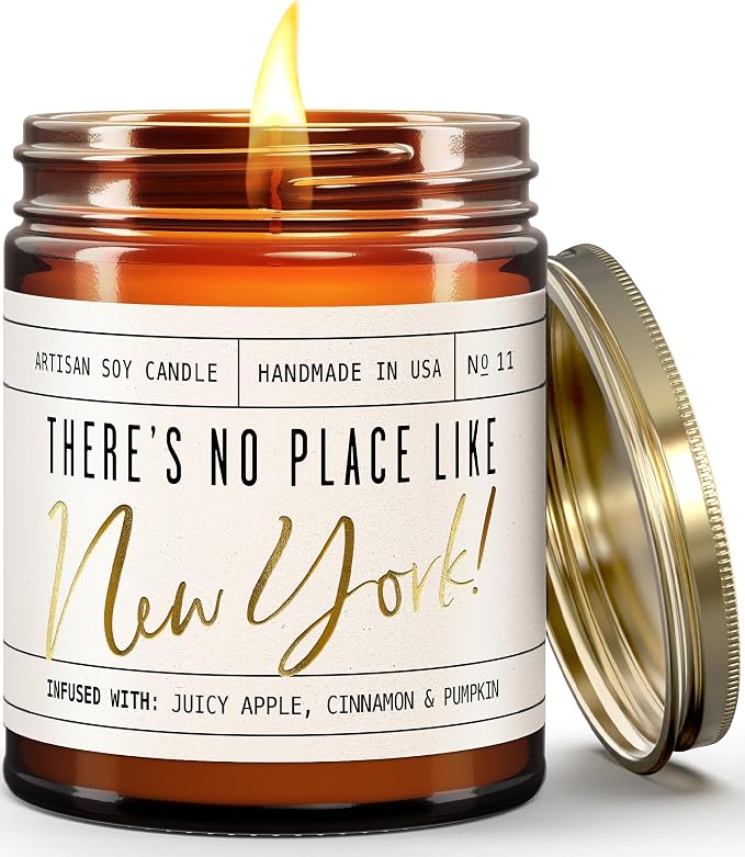 New York Gifts, New York Decor for Home - 'There's No Place Like New York Candle, w/Juicy Apple, Cinnamon & Pumkin I New York Souvenirs I New York State Gifts I 9oz Jar, 50Hr Burn, USA Made