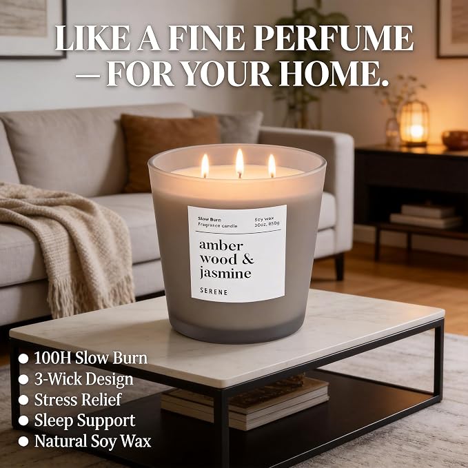 Hidden Label Amber Wood & Jasmine Scented Candle, Non Toxic 30oz Large 3-Wick Soy Wax Candle, Up to 100 Hours Slow Burn, Warm Floral Home Fragrance for Bedroom, Romance & Luxury Gift for Women