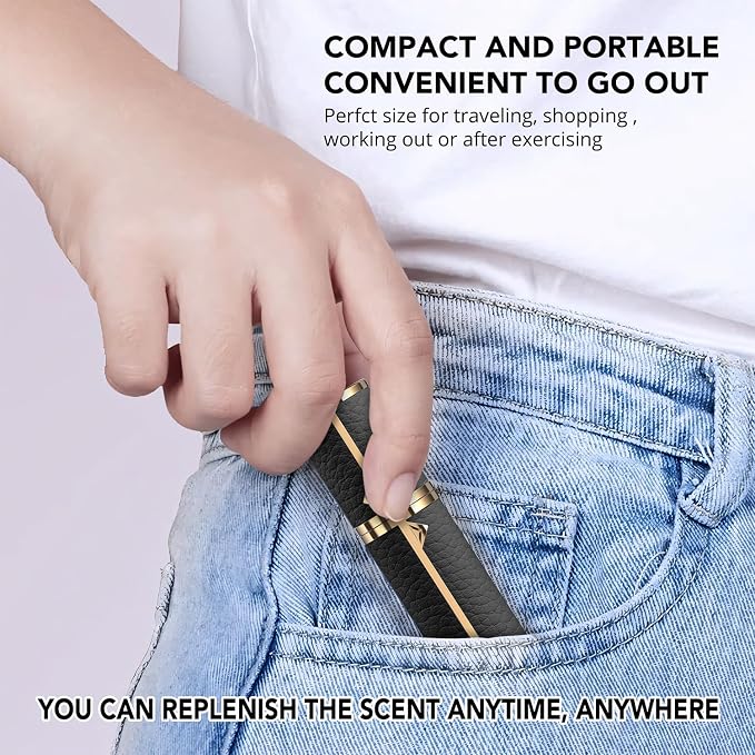 8ML Travel Perfume Refillable Atomizer, Mini Genuine Leather Cologne Sprayer, Protable Pocket Size Empty Fragrance Spray Bottle (Black)