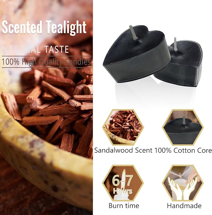 Tea Lights Candles Set of 24, Black Heart Tealight Candle, Sandalwood Scent Tea Candles, Long Burning Tea Lights for Wedding Dinner Table Ambiance Home Decor