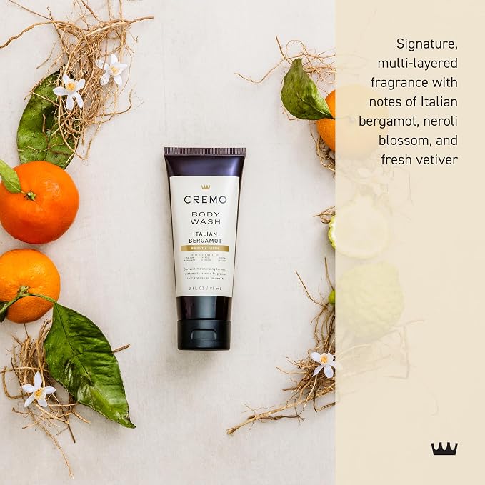 Cremo Rich-Lathering Italian Bergamot Travel Size Body Wash Men, Notes of Italian Bergamot, Neroli Blossom, and Fresh Vetiver, 3 Fl Oz Travel Essentials
