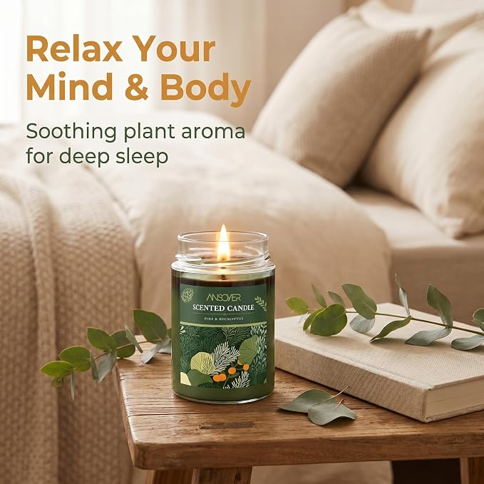 Scented Soy Candle, Aromatherapy Jar Candles for Home Scented, Long Lasting with 70 Hour Burn Time 11oz, Gifts, Soy Candles Scents of (Pine & Eucalyptus)