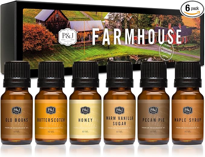 P&J Fragrance Oil Farmhouse Set | Old Books, Butterscotch, Honey, Warm Vanilla Sugar, Pecan Pie, Maple Syrup Candle Scents for Candle Making, Freshie Scents, Soap Making Supplies