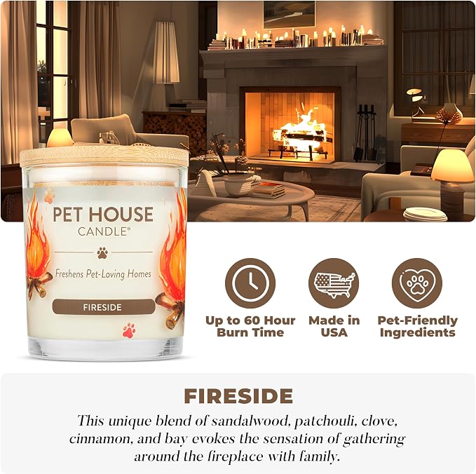 One Fur All Pet House Candle 9 OZ Plant-Based Soy Scented Candle with a 60 Hour Burn Time and a Cotton Wick - Fireside