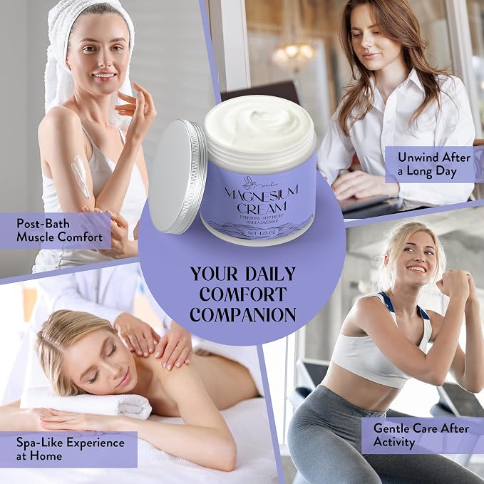 Magnesium Cream for Sleep - Topical Magnesium for Women, Muscle Relaxation, Calm, Moisturizing with Coconut Oil, Shea Butter & Hyaluronic Acid, 4.23 OZ, Safe for Kids (4.23 Ounce, Lavender)