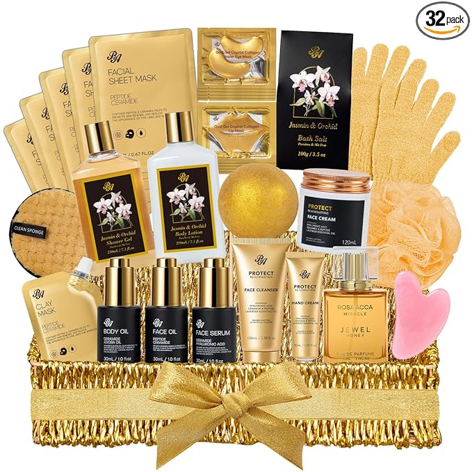 Gifts for Women, 32 Pcs Orchid Spa Basket Gift Set for Women, Self-Care Relaxation Kit, Hydrating Face Skin Care Gift Set, Bath & Body Care Set, Birthday, Christmas, Anniversary, Mother's Day, Wife