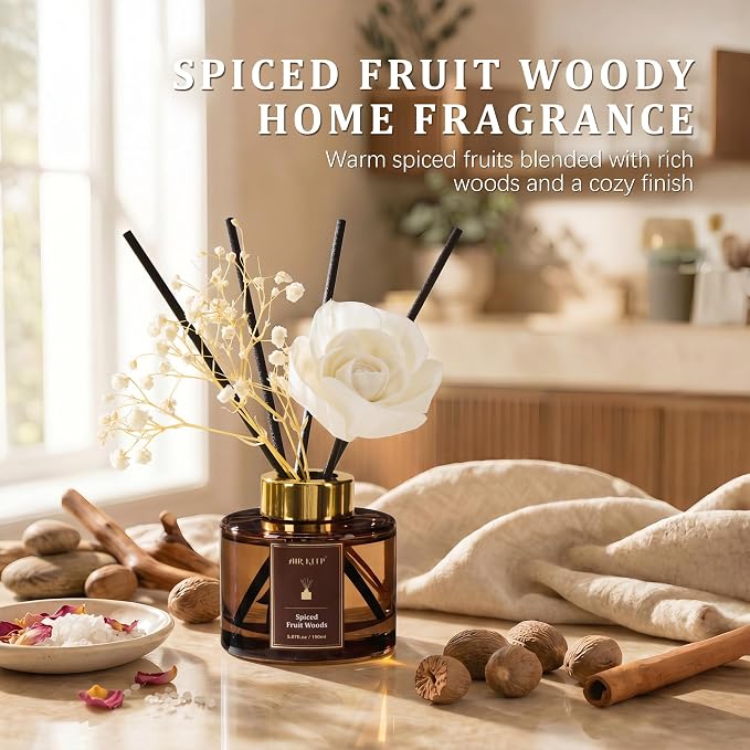 Airkeep Flower Reed Diffuser Set, Spiced Fruit Woods Diffuser Set, 5.07 Fl.oz (150ml), Home Fragrance, Bathroom, Bedroom & Home Décor, Air Freshener