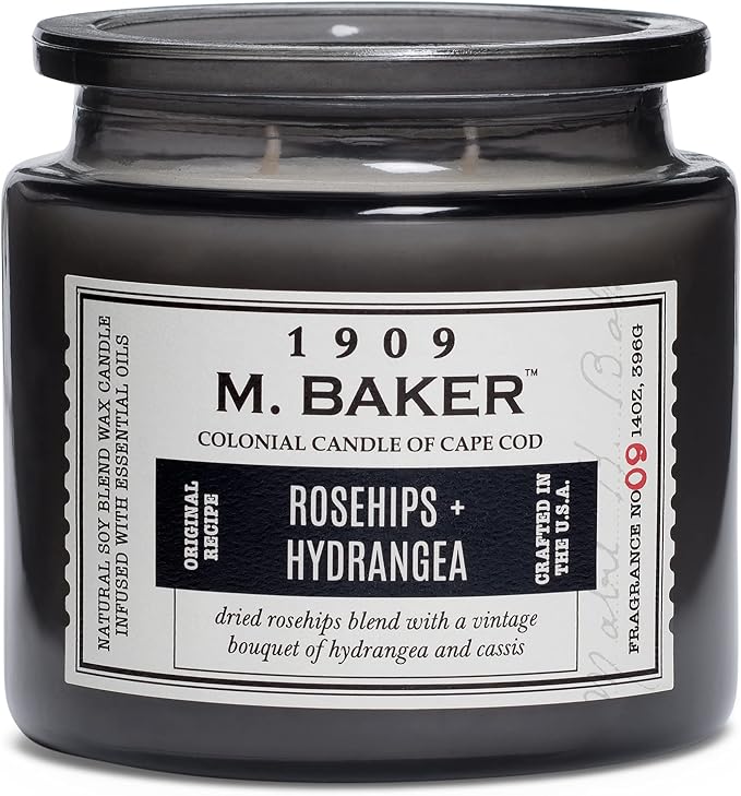 Colonial Candle Rosehips Hydrangea Scented Jar Candle | 2-Wick Natural Soy Blend Wax Candle for Home | Relaxing Aromatherapy Candle Infused with Essential Oils | M. Baker Apothecary Glass Jar Candle