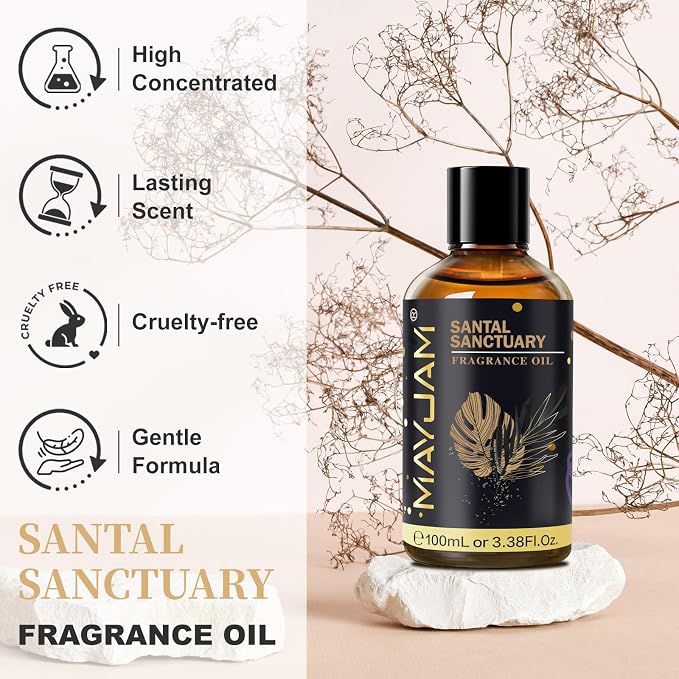 Santal Sanctuary Fragrance Oil Essential Oil, MAYJAM 3.38FL.OZ Santal Sanctuary Oil for Diffusers for Home, Long Lasting Scented Oils for Soap Candle Making - 100ML