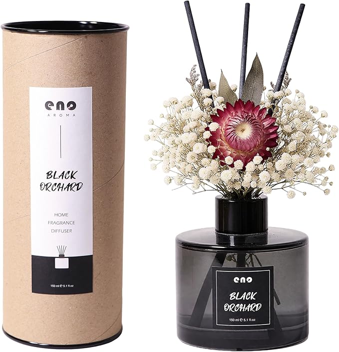 Reed Diffuser Set with Dried Flowers, 5.1 fl oz / 150ml, Black Orchard - Home Fragrance Diffuser with Sticks for Bathroom Shelf Decor, Bedroom, Office & Gift
