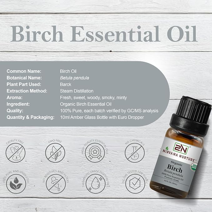 Birch Essential Oil, USDA Certified Organic, 100% Pure Undiluted, Aromatherapy Oil for Diffuser, Hair & Skin Care