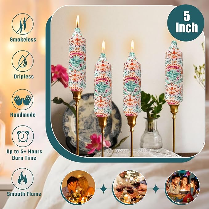 5 inch Short Candle Floral Candle Sticks Printed Candlestick Handmade Unscented Taper Candle 4 Pack Retro Flower Tapered Candles for Home Dinner Wedding Holiday