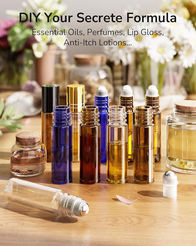 ULG 48-Pack Essential Oil Roller Bottles 10ml, Empty Bottles with Stainless Steel Roller Balls and Waterproof Labels, Amber Roller Balls For Essential Oils