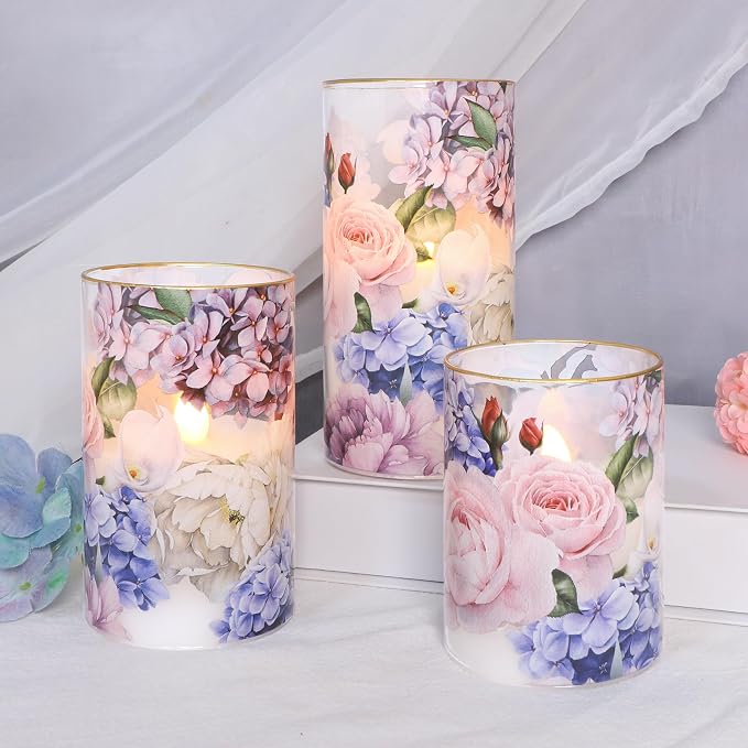Hydrangea Rose Flameless Candles with Remote Control & Timer Function - Real Wax Glass Battery Operated Candles - Home Farmhouse Holiday Christmas Valentine's Day Decorations - Set of 3
