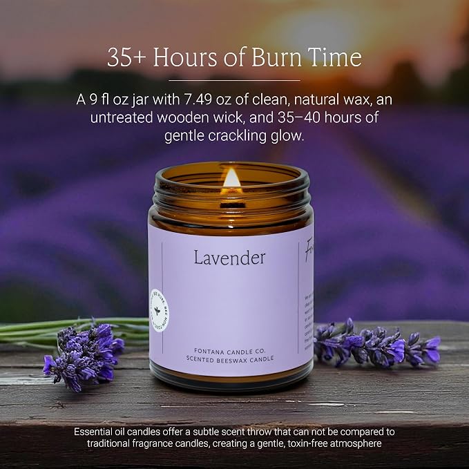 Fontana Candle Co Wood Wick Beeswax Jar Candle, Lavender – Made Safe with Coconut Oil & Pure Essential Oils – 35+ Hrs Clean Burn, Long Lasting and Non-Toxic Candles for Home & Room Decor