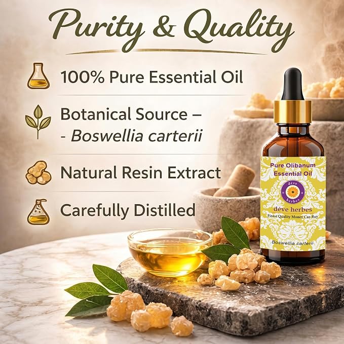 dève herbes Olibanum Essential Oil (Boswellia carterii) with Glass Dropper | Pure | Non-Sticky | Non-Greasy | Lightweight | Men & Women | All Skin Types | Steam Distilled 100ml X 2 (6.76 oz)