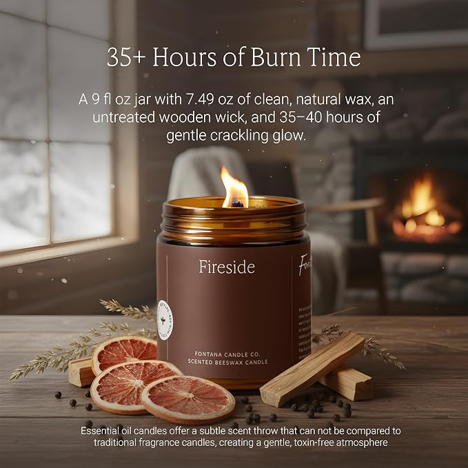 Fontana Candle Co Wood Wick Beeswax Jar Candles, Fireside - Made with Coconut Oil & Pure Essential Oils – Clean Burn, Long Lasting and Non-Toxic Candles for Home & Room Decor