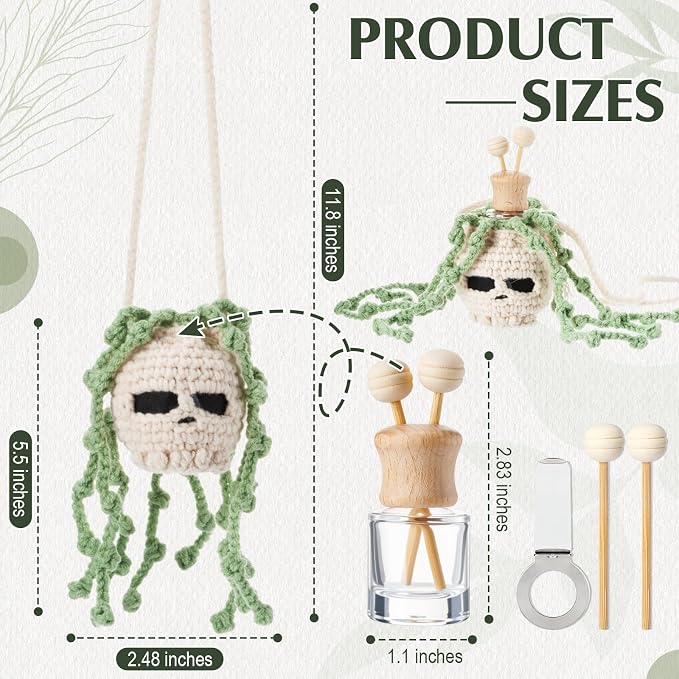 Leelosp 7 Pcs Nightmare Decoration Christmas Hanging Car Air Freshener with Empty Refillable Essential Oil Diffuser Bottle Knitted Potted Handmade Cute Car Interior Charm Ornament (8 ml, Skull)
