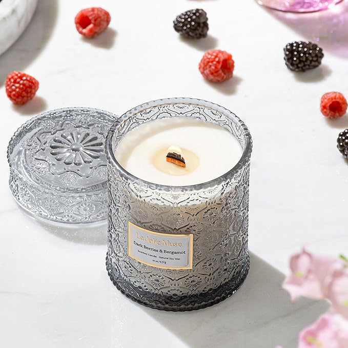 LA JOLIE MUSE Dark Berries Bergamot Scented Candles for Home,19 oz Soy Wax | Large Jar Luxury Candle, Clean Non Toxic, Gifts for Women & Men, Decorative Summer Candles, Wood Wick, Citrus Grape Cherry