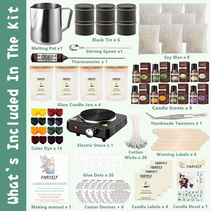 FAIRYELF Premium Candle Making Kit with Wax Melter, DIY Starter Scented Candles Making Kit for Adults Include Glass Jar & Tins, Scents & Color Dyes & More - Perfect as Home Decorations