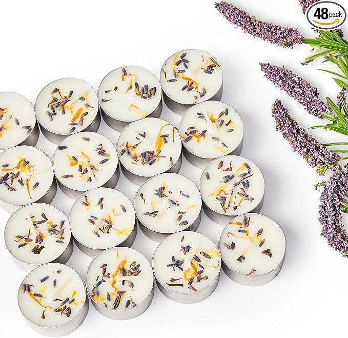 48 Pack Lavender Scented Tealight Candles with Real Petals, Natural Soy Wax 6H Burn Time, Non-Toxic Smokeless Scented for Bath, Wedding, Decor