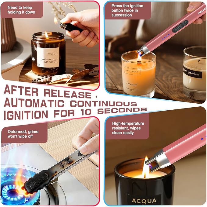 2 Pack Candle Lighter USB Rechargeable Electric Plasma Arc Lighters with Safety Lock, Windproof Flameless Long Lighters Matches for Candle, Grill, BBQ, Camping, Gas Stoves (Rose Gold*2)