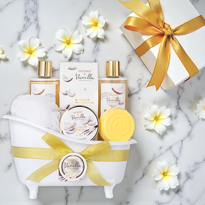 Spa Gift Basket for Women & Men Pamper Kit- 8-Piece Bath Kit Coconut Vanilla Bath & Body Gift Set for Women Self Care Spa Gift Baskets | Perfect Gifts Mom, Birthday Gift, All Occasion Holiday Present