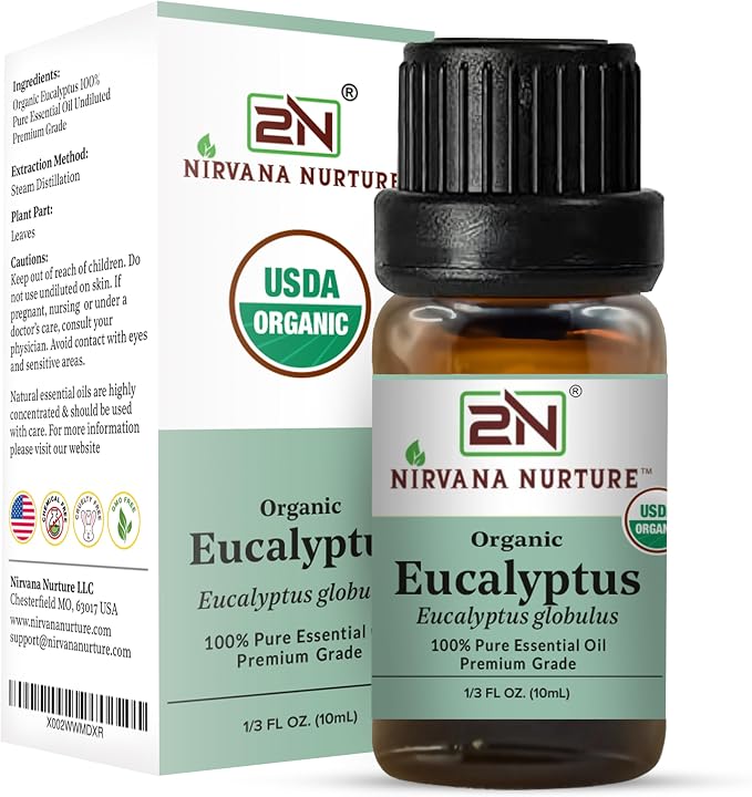 Eucalyptus Essential Oil, USDA Certified Organic, 100% Pure Undiluted, Aromatherapy Oil for Diffuser, Hair & Skin Care