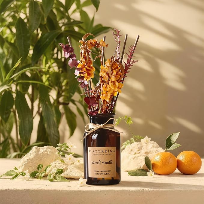 Cocorrína Reed Diffuser Set, 6.7oz Flower Reed Diffuser with Real Preserved Flowers - Neroli Vanilla Scented Oil & Sticks - Long Lasting Home Fragrance for Bedroom Bathroom Shelf Decor