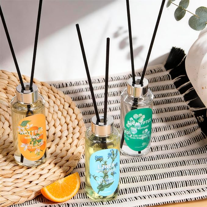 Reed Diffuser Set of 3, Eucalyptus, Linen & Citrus Scented Oil Diffusers with 15 Reeds, Long-Lasting Home Fragrance for Bedroom & Bathroom Decor, 1.7 fl oz Each, Total 5.1 oz