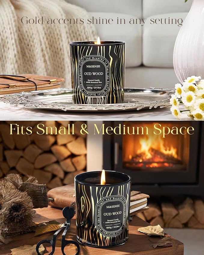 M&SENSE Oud Wood Soy Candle, 55H Long Burning Gift | Clean Soy Wax Slow Burn, Date Night Luxe Feel, Relax Calm Home Fragrance, Reusable Golden Stamped Keepsake Jar