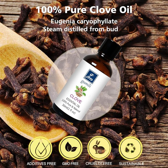 GM Gumili Clove Oil 1 Oz, 100% Pure Clove Bud Essential Oil for Teeth and Gums, Natural Aromatherapy Essential Oils for Diffuser, Skin and Hair Care