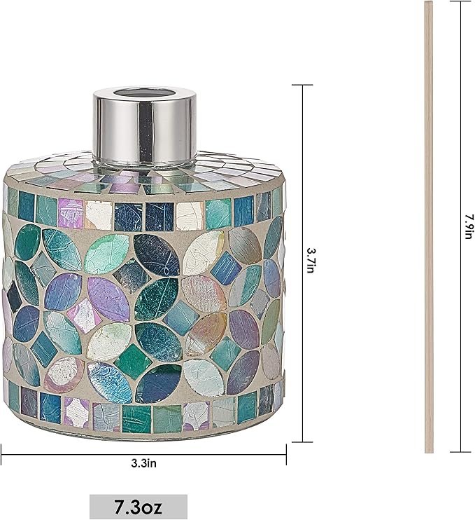 7.3oz Decorative Vertical Mosaic Glass Reed Diffuser Bottle Set with Silver Caps & 16pcs Natural Feed Sticks-Set of 2 - Ideal for Home Fragrance, Bathroom Decoration, Accent (Blue)