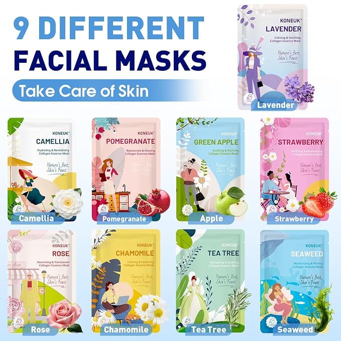 KONEUK 9 Pack Hydrating Face Masks Skincare, Bulk Sheet Face Mask for Dry Skin, Collagen Facial Masks Spa Gifts for Women Skin Care, Spa Birthday Party Supplies and Sleepover Party Supplies