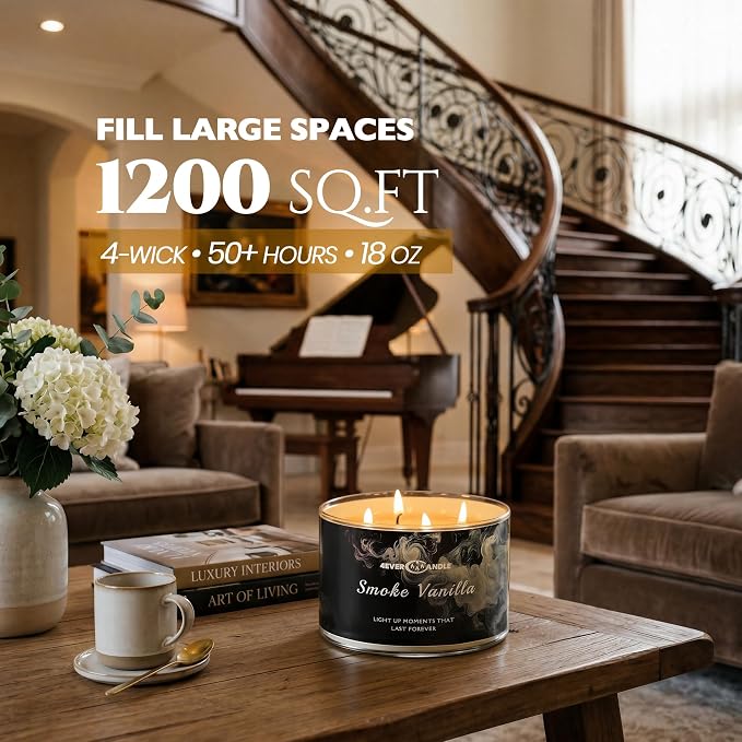 4EVER Scented Candles | 4-Wick 18oz Soy Wax Candle | Up to 50Hrs Clean Burn | Aromatherapy Candles for Home Scented | Gifts for Women & Mom, Smoke Vanilla