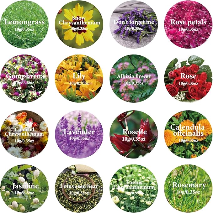 SACATR 16 Bags Dried Flowers,100% Natural Dried Flowers Herbs Kit for Soap Making, DIY Candle Making,Bath - Include Rose Petals,Lavender,Don't Forget Me,Lilium,Jasmine,Rosebuds and More