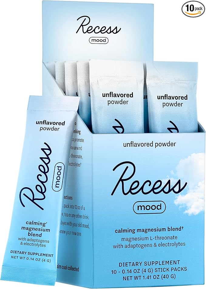 Recess Mood Powder, Magnesium L-Threonate Blend with Passion Flower, L-Theanine, Electrolytes, Magnesium Calm Support Powder Supplement - Unflavored-Pack of 10
