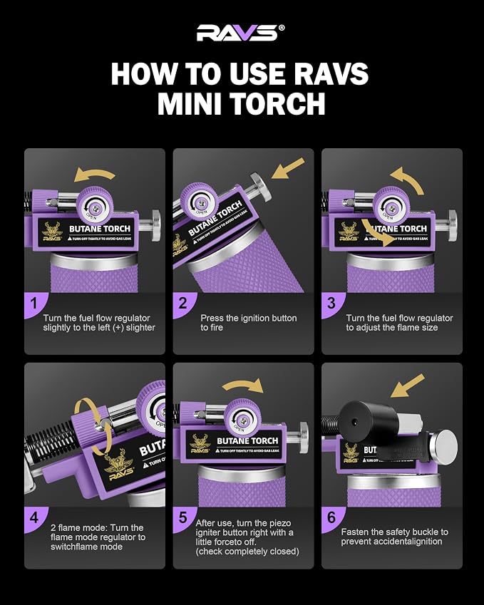 RAVS 2 Flame Mode Butane Torch Lighter, Refillable Kitchen Torch | Metal Body Cooking Torch for Baking, BBQ, Soldering Torch with Adjustable Flame & Safety Buckle,Purple, Gas Not Included