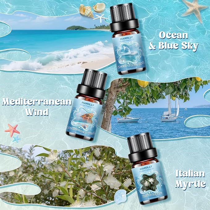 Ocean Essential Oils Set, Summer Essential Oils for Diffusers for Home, Beach Fragrance Oils for Candles & Soap Making, Scented Oils for Blue Sky, Wind, Coast, Sunshine & Fruit, Fresh Beach, Myrtle