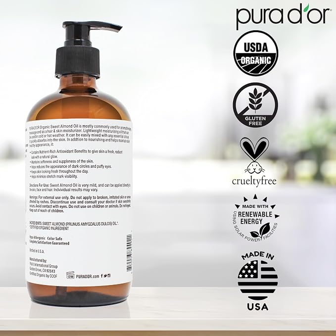 PURA D'OR ORGANIC Sweet Almond Oil (16.9 Oz GLASS BOTTLE) 100% Pure & Natural USDA Certified